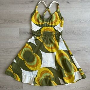 EUC Rare Totem Brand Mini Dress Retro Swirl Circle Green Yellow Orange Size XS S